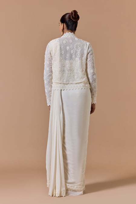 Nitika Gujral Ivory Pre-Draped Saree Set With Jacket 
