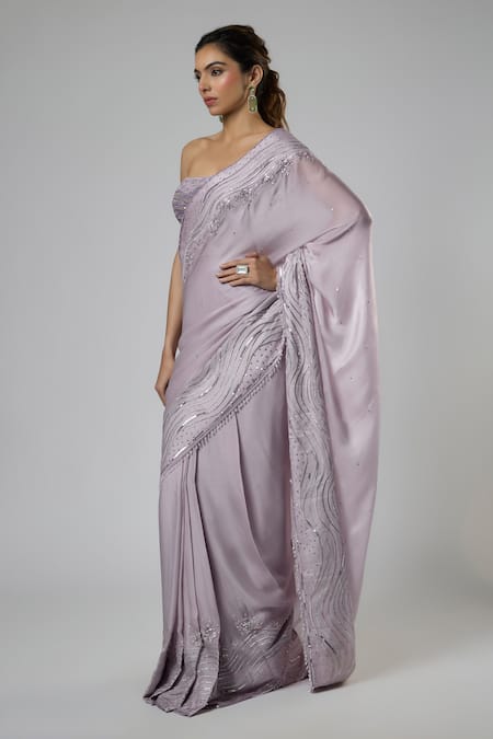 Shop Masumi Mewawalla Lilac Georgette, Satin, Tussar, Silk, Bemberg Pre-draped Saree And Blouse Set Online at Aza Fashions Shop_Masumi Mewawalla_Lilac Georgette, Satin, Tussar, Silk, Bemberg Pre-draped Saree And Blouse Set _Online_at_Aza_Fashions