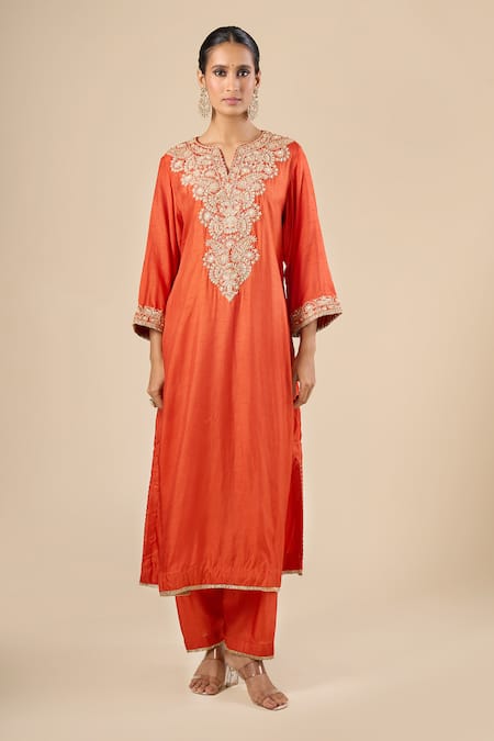 Shop_Sheetal Batra_Orange Embroidery, Zari Split V-neck Yoke Kurta With Pant _Online_at_Aza_Fashions