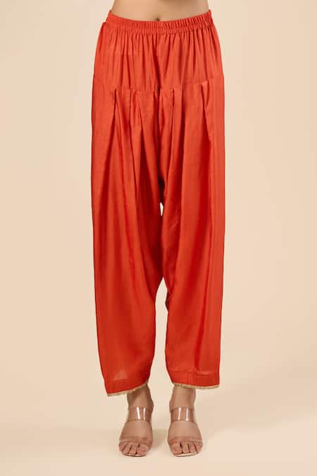 Sheetal Batra_Orange Embroidery, Zari Split V-neck Yoke Kurta With Pant _at_Aza_Fashions