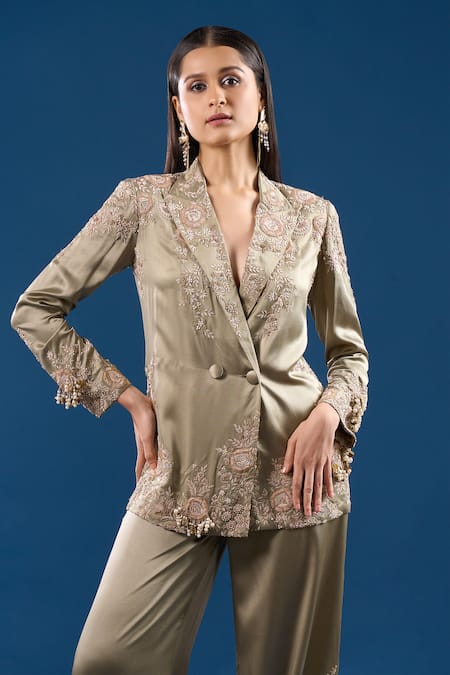 Shop Anamika Khanna Green Embroidery, Beads, Pearls, Sequins Blazer With Pant Online at Aza Fashions Shop_Anamika Khanna_Green Embroidery, Beads, Pearls, Sequins Blazer With Pant _Online_at_Aza_Fashions