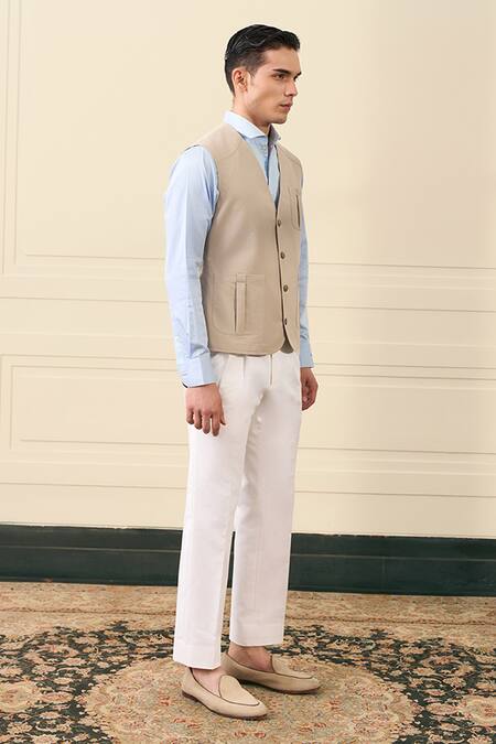 Shop Gargee Designers Beige Cotton, Suiting Flap Pocket Detail Vest Jacket Online at Aza Fashions Shop_Gargee Designers_Beige Cotton, Suiting Flap Pocket Detail Vest Jacket _Online_at_Aza_Fashions