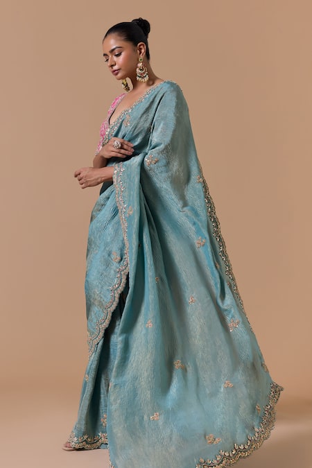 Shop Nitika Gujral Aqua Tissue, Brocade, Shantoon Sequins, Scallop Border Saree With Blouse Online at Aza Fashions Shop_Nitika Gujral_Aqua Tissue, Brocade, Shantoon Sequins, Scallop Border Saree With Blouse _Online_at_Aza_Fashions