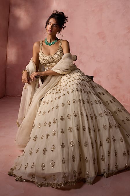 Shop Nitika Gujral Cream Organza, Satin Embroidery, Sequins, Stones, Crystals, Beads, Lehenga Set Shop_Nitika Gujral_Cream Organza, Satin Embroidery, Sequins, Stones, Crystals, Beads, Lehenga Set