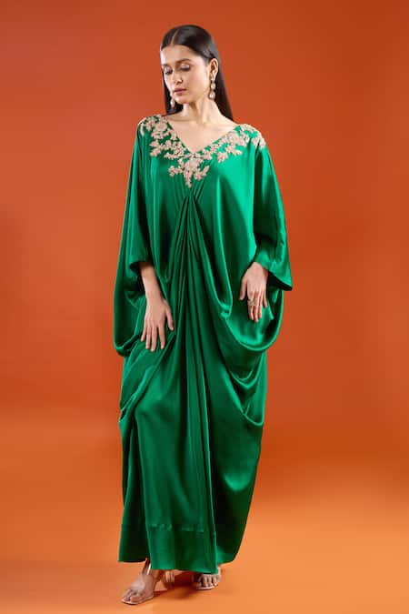 Anamika Khanna Emerald Green Embroidery V-neck Yoke Draped Cape Dress at Aza Fashions Anamika Khanna_Emerald Green Embroidery V-neck Yoke Draped Cape Dress _at_Aza_Fashions
