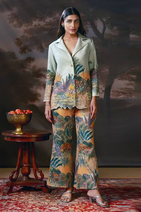 Soup By Sougat Paul Green Handloom Cotton Sequins, Zari Tropical Print Blazer And Pant Set 