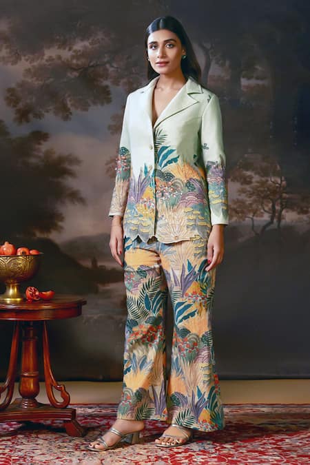 Soup By Sougat Paul Green Handloom Cotton Sequins, Zari Tropical Print Blazer And Pant Set Online at Aza Fashions Soup By Sougat Paul_Green Handloom Cotton Sequins, Zari Tropical Print Blazer And Pant Set _Online_at_Aza_Fashions