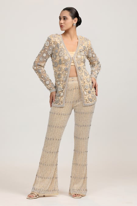 Bling Empire_Beige Mesh, Lycra Crystals, Beads, Pearls Aurora Embellished Jacket And Pant Set _Online_at_Aza_Fashions