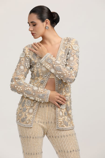 Buy_Bling Empire_Beige Mesh, Lycra Crystals, Beads, Pearls Aurora Embellished Jacket And Pant Set _Online_at_Aza_Fashions