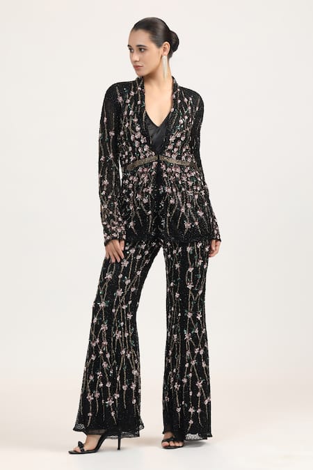 Bling Empire Noir Blossom Bead Work Jacket & Trouser Set 