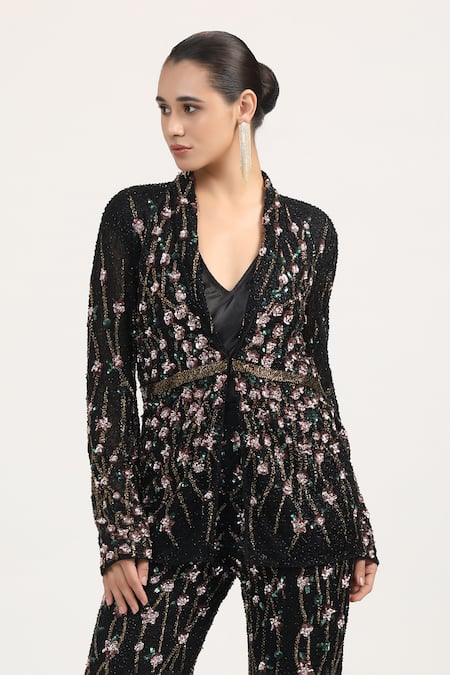 Bling Empire_Black Mesh Beads V-, Shawl Noir Blossom Work Jacket And Trouser Set _Online_at_Aza_Fashions