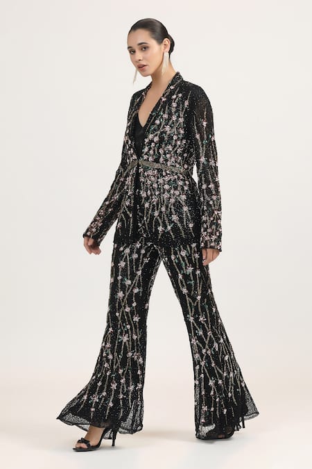 Buy_Bling Empire_Black Mesh Beads V-, Shawl Noir Blossom Work Jacket And Trouser Set _Online_at_Aza_Fashions