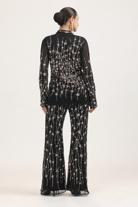 Bling Empire Noir Blossom Bead Work Jacket & Trouser Set 
