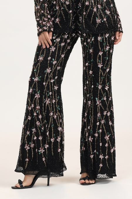 Shop_Bling Empire_Black Mesh Beads V-, Shawl Noir Blossom Work Jacket And Trouser Set _Online_at_Aza_Fashions