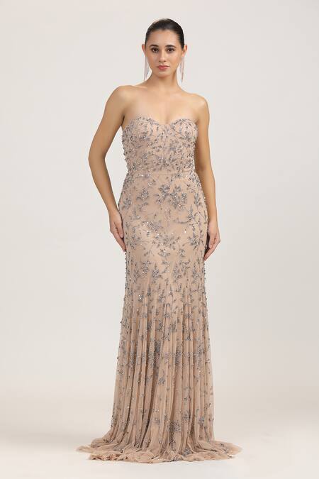 Bling Empire_Beige Mesh, Lycra Sequins Sweetheart Neck Aurelia Hand Embellished Gown _Online_at_Aza_Fashions