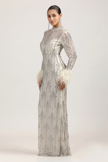 Shop_Bling Empire_White Mesh, Lycra Crystals, Beads, Feathers Luna Mirage Grids Embellished Gown _Online_at_Aza_Fashions
