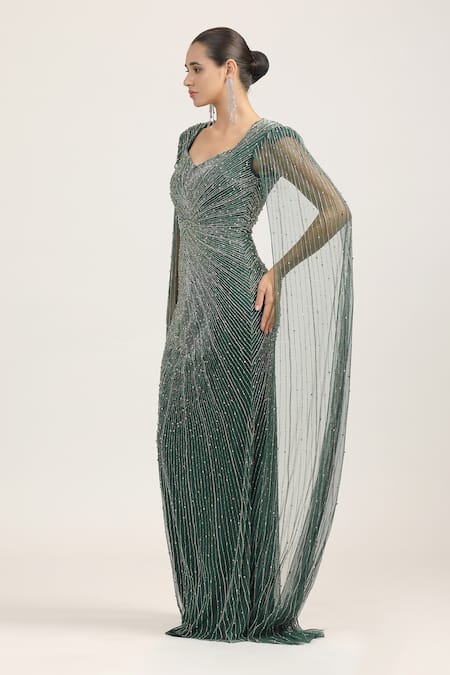 Bling Empire_Emerald Green Mesh, Lycra Beads Sweetheart Solstice Cape Sleeve Embroidered Gown _Online_at_Aza_Fashions