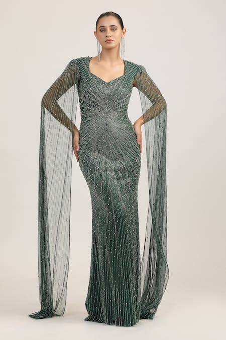 Bling Empire Emerald Solstice Cape Sleeve Embroidered Gown 