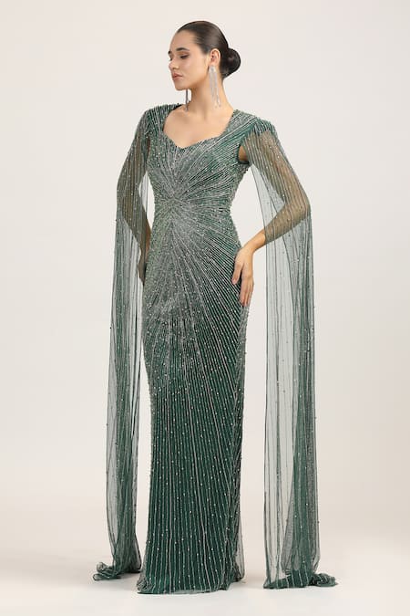 Bling Empire Emerald Solstice Cape Sleeve Embroidered Gown 