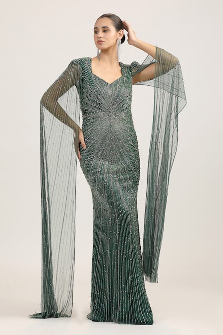 Buy_Bling Empire_Emerald Green Mesh, Lycra Beads Sweetheart Solstice Cape Sleeve Embroidered Gown _Online_at_Aza_Fashions