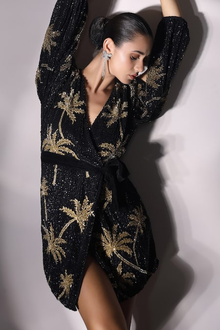 Bling Empire_Black Mesh, Lycra Sequins, Embroidery V-neck Palm Noir Mini Wrap Dress _Online_at_Aza_Fashions
