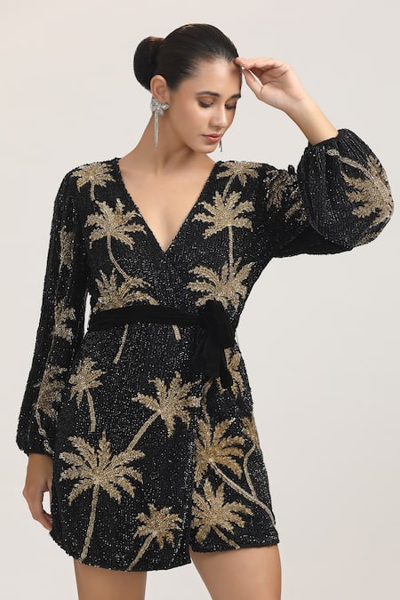Bling Empire Palm Noir Mini Wrap Dress 