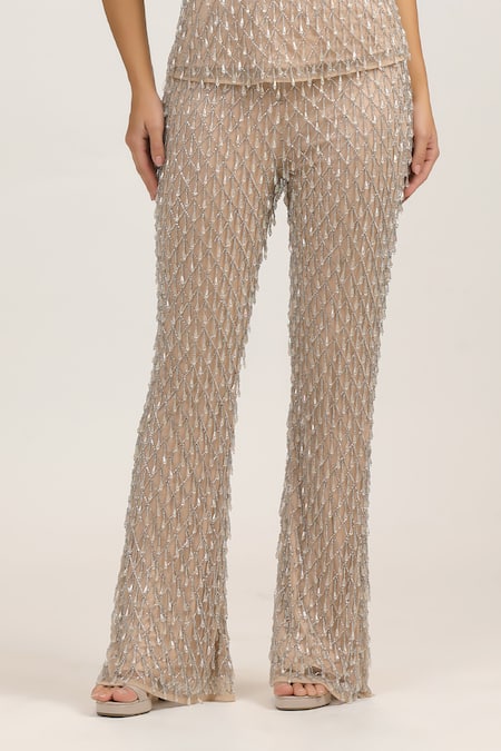 Buy Bling Empire Beige Mesh, Lycra Crystals, Beads Bandeau Strapless Top And Trouser Co-ord Set Online at Aza Fashions Buy_Bling Empire_Beige Mesh, Lycra Crystals, Beads Bandeau Strapless Top And Trouser Co-ord Set _Online_at_Aza_Fashions
