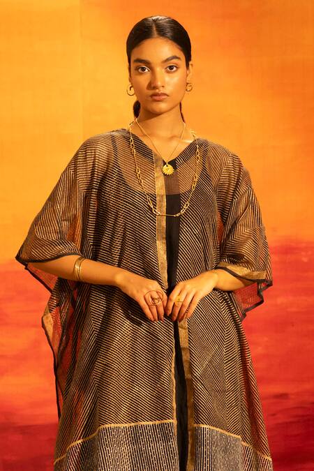 Shop_Banana Labs_Black Kota Doria, Cotton Zari V-neck Geometric Striped Kaftan Palazzo Set  _Online_at_Aza_Fashions