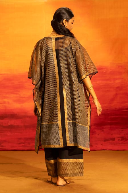 Banana Labs_Black Kota Doria, Cotton Zari V-neck Geometric Striped Kaftan Palazzo Set  _at_Aza_Fashions