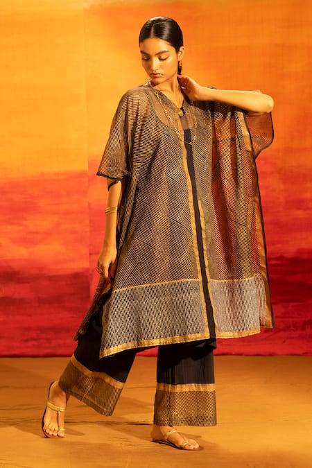 Buy_Banana Labs_Black Kota Doria, Cotton Zari V-neck Geometric Striped Kaftan Palazzo Set  