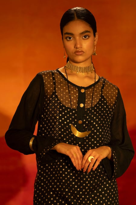 Buy Banana Labs Black Kota Doria, Cotton Foil Printing Round Neck Polka Dot Kurta Palazzo Set Online at Aza Fashions Buy_Banana Labs_Black Kota Doria, Cotton Foil Printing Round Neck Polka Dot Kurta Palazzo Set _Online_at_Aza_Fashions