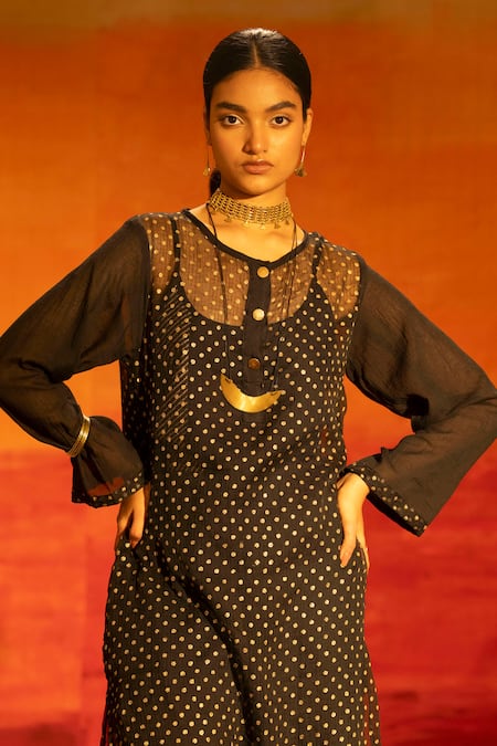 Shop Banana Labs Black Kota Doria, Cotton Foil Printing Round Neck Polka Dot Kurta Palazzo Set Online at Aza Fashions Shop_Banana Labs_Black Kota Doria, Cotton Foil Printing Round Neck Polka Dot Kurta Palazzo Set _Online_at_Aza_Fashions