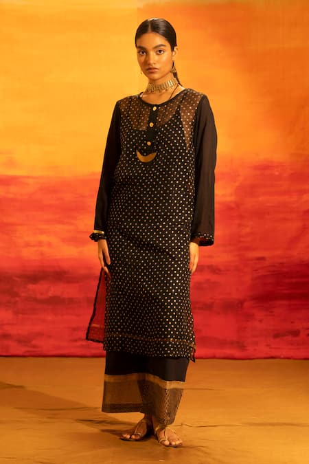 Banana Labs Black Kota Doria, Cotton Foil Printing Round Neck Polka Dot Kurta Palazzo Set at Aza Fashions Banana Labs_Black Kota Doria, Cotton Foil Printing Round Neck Polka Dot Kurta Palazzo Set _at_Aza_Fashions