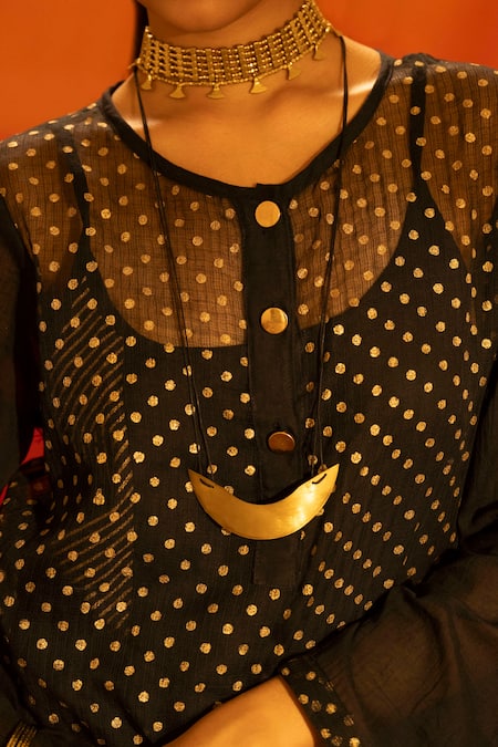 Buy Banana Labs Black Kota Doria, Cotton Foil Printing Round Neck Polka Dot Kurta Palazzo Set Buy_Banana Labs_Black Kota Doria, Cotton Foil Printing Round Neck Polka Dot Kurta Palazzo Set