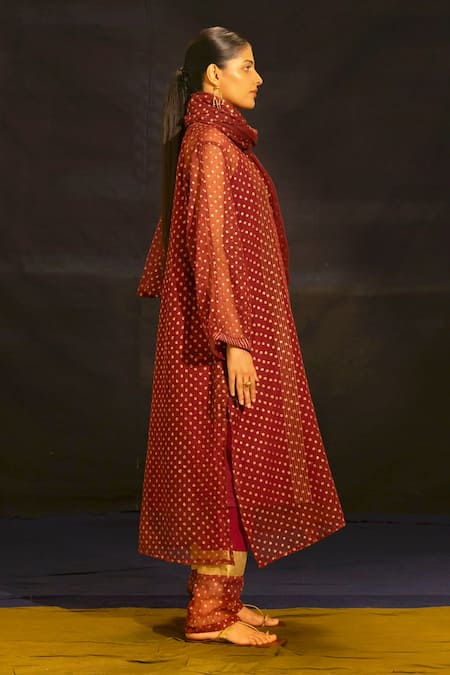 Banana Labs Maroon Kota Doria, Cotton Collared Polka Print Kurta Palazzo Set Online at Aza Fashions Banana Labs_Maroon Kota Doria, Cotton Collared Polka Print Kurta Palazzo Set _Online_at_Aza_Fashions