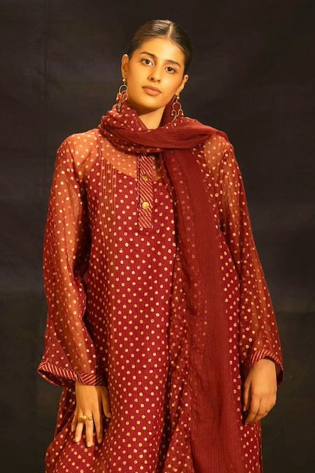 Buy Banana Labs Maroon Kota Doria, Cotton Collared Polka Print Kurta Palazzo Set Online at Aza Fashions Buy_Banana Labs_Maroon Kota Doria, Cotton Collared Polka Print Kurta Palazzo Set _Online_at_Aza_Fashions