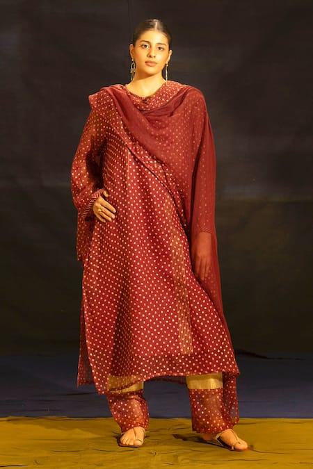 Shop Banana Labs Maroon Kota Doria, Cotton Collared Polka Print Kurta Palazzo Set Online at Aza Fashions Shop_Banana Labs_Maroon Kota Doria, Cotton Collared Polka Print Kurta Palazzo Set _Online_at_Aza_Fashions