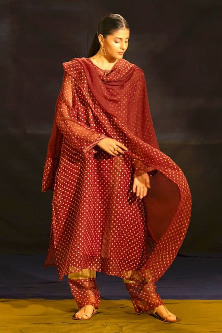Banana Labs Maroon Kota Doria, Cotton Collared Polka Print Kurta Palazzo Set at Aza Fashions Banana Labs_Maroon Kota Doria, Cotton Collared Polka Print Kurta Palazzo Set _at_Aza_Fashions