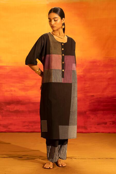 Banana Labs Black Cotton, Kota Doria Fringe, Foil Striped Patchwork Kurta Palazzo Set Online at Aza Fashions Banana Labs_Black Cotton, Kota Doria Fringe, Foil Striped Patchwork Kurta Palazzo Set _Online_at_Aza_Fashions