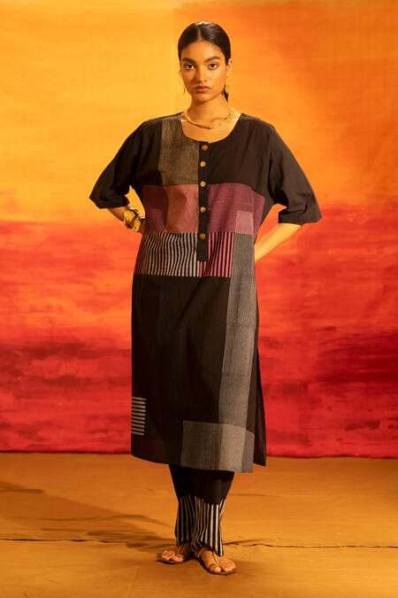 Buy Banana Labs Black Cotton, Kota Doria Fringe, Foil Striped Patchwork Kurta Palazzo Set Online at Aza Fashions Buy_Banana Labs_Black Cotton, Kota Doria Fringe, Foil Striped Patchwork Kurta Palazzo Set _Online_at_Aza_Fashions