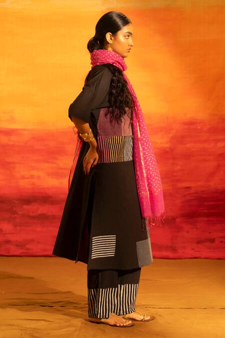 Banana Labs Black Cotton, Kota Doria Fringe, Foil Striped Patchwork Kurta Palazzo Set at Aza Fashions Banana Labs_Black Cotton, Kota Doria Fringe, Foil Striped Patchwork Kurta Palazzo Set _at_Aza_Fashions