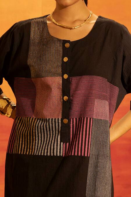 Buy Banana Labs Black Cotton, Kota Doria Fringe, Foil Striped Patchwork Kurta Palazzo Set Buy_Banana Labs_Black Cotton, Kota Doria Fringe, Foil Striped Patchwork Kurta Palazzo Set