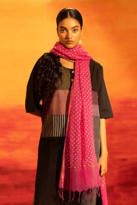 Shop Banana Labs Black Cotton, Kota Doria Fringe, Foil Striped Patchwork Kurta Palazzo Set Shop_Banana Labs_Black Cotton, Kota Doria Fringe, Foil Striped Patchwork Kurta Palazzo Set