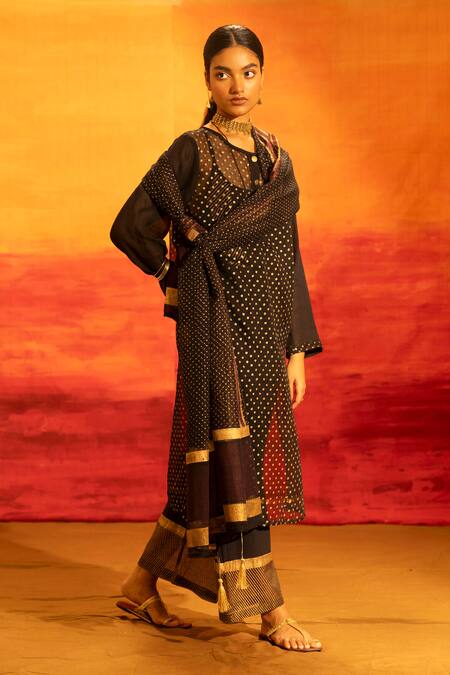 Banana Labs_Black Kota Doria, Cotton Foil Printing, Tassels Polka Dot Kurta Palazzo Set  _Online_at_Aza_Fashions