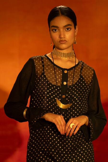 Buy_Banana Labs_Black Kota Doria, Cotton Foil Printing, Tassels Polka Dot Kurta Palazzo Set  _Online_at_Aza_Fashions