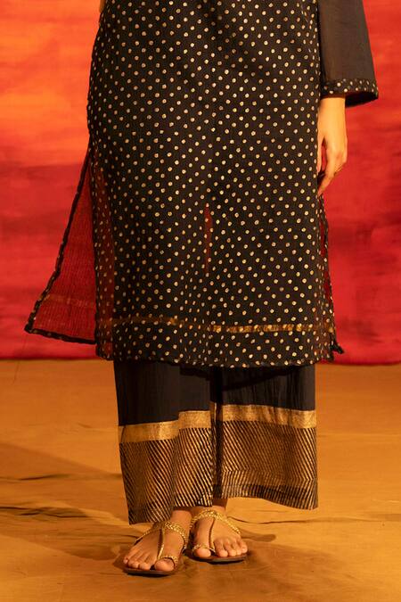 Shop_Banana Labs_Black Kota Doria, Cotton Foil Printing, Tassels Polka Dot Kurta Palazzo Set  