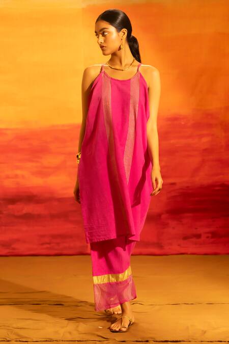 Buy_Banana Labs_Pink Cotton Metallic Thread Round Neck Striped Tunic And Palazzo Set _Online_at_Aza_Fashions