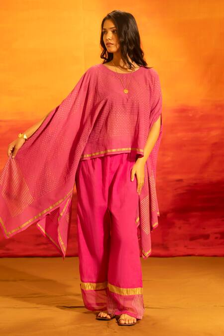 Banana Labs_Fuchsia Cotton Zari Round Neck Woven Pattern Kaftan And Palazzo Set  _at_Aza_Fashions