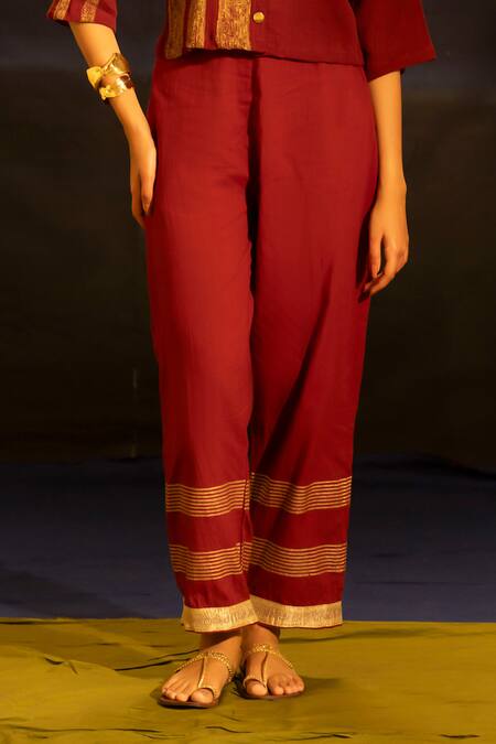 Banana Labs_Maroon Cotton Metallic Thread, Zari Collared, Striped Panel Top And Pant Set _Online_at_Aza_Fashions