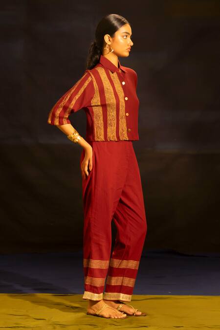 Shop_Banana Labs_Maroon Cotton Metallic Thread, Zari Collared, Striped Panel Top And Pant Set _Online_at_Aza_Fashions
